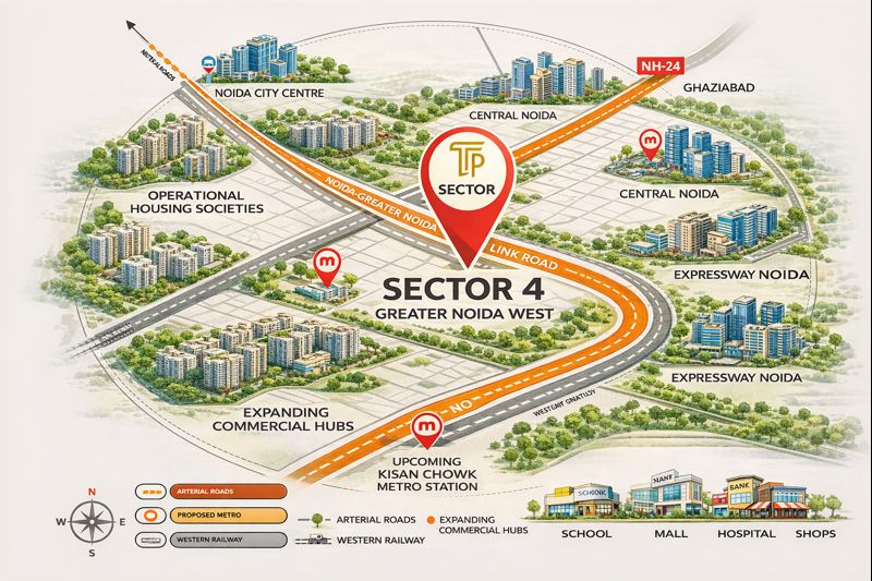 Illustrated connectivity map showing roads, metro lines and landmarks around Forbes Fab Luxe Residences