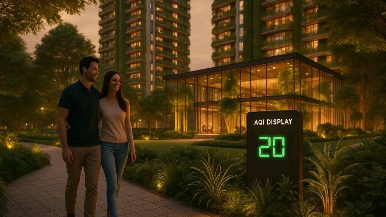 AQI display board showing reading of 20 in Forbes Fab Luxe garden with couple walking