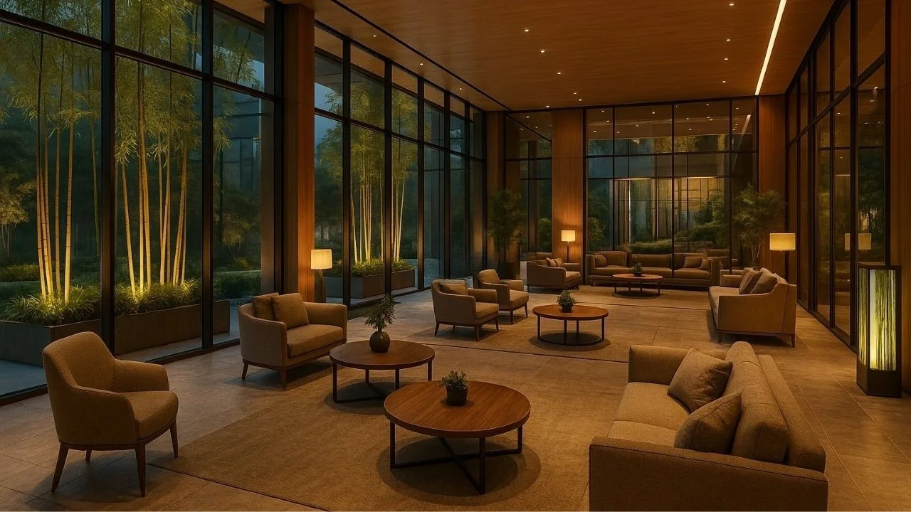 Forbes Fab Luxe clubhouse lounge interior with glass walls