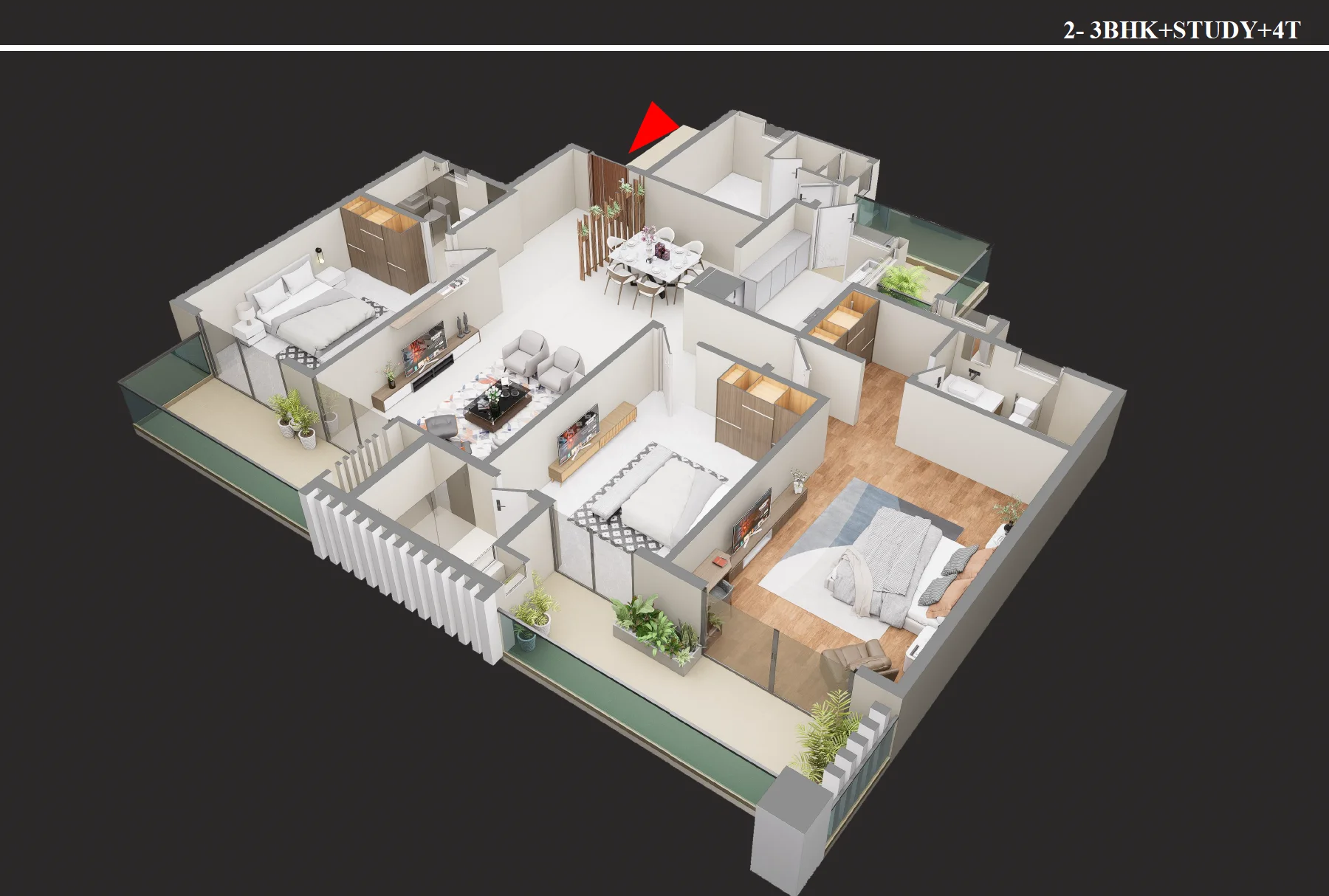 3 BHK + Study + 4T isometric floor plan Type 1 at Forbes Fab Luxe Residences