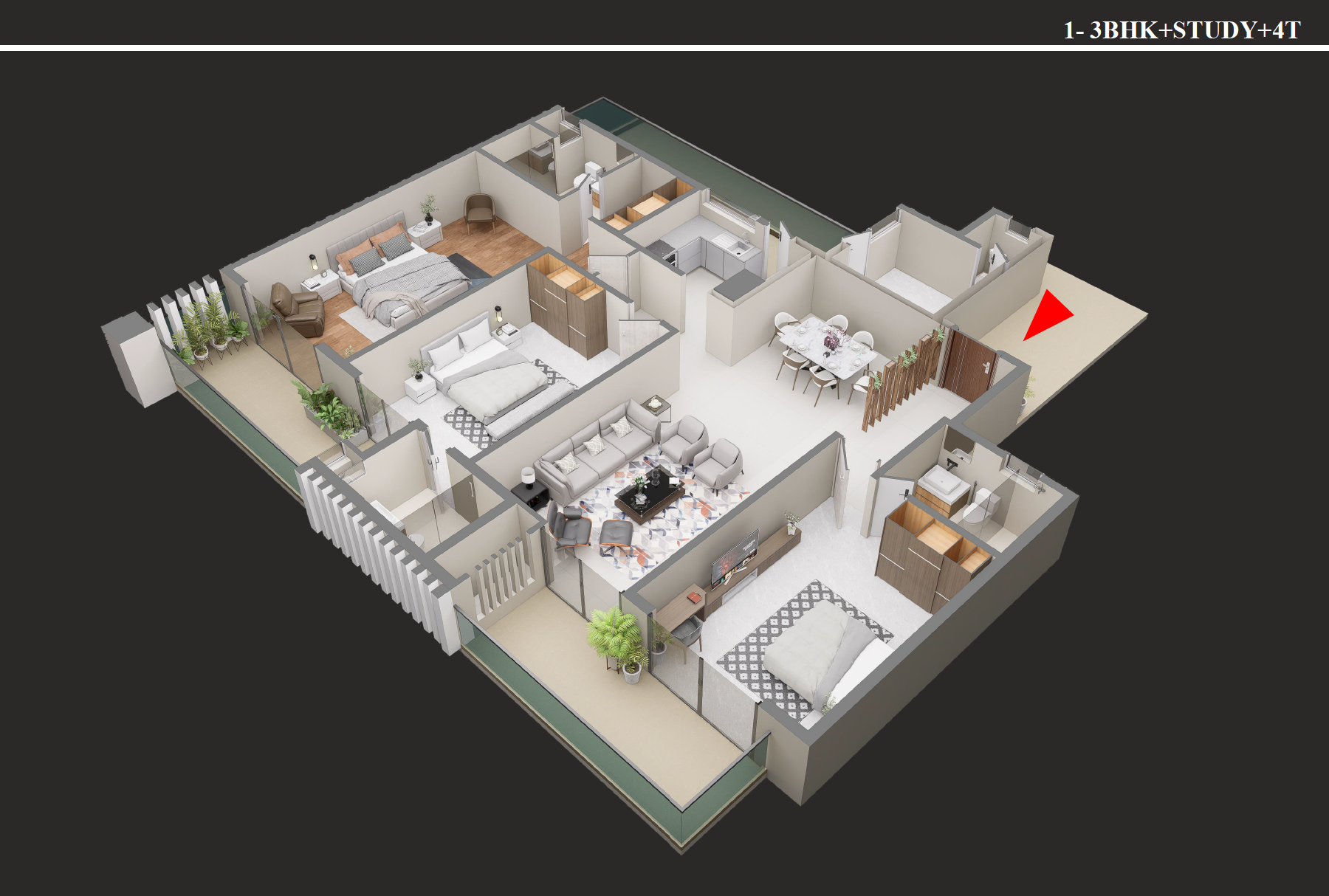 3 BHK + Study + 4T alternate isometric floor plan Type 2 at Forbes Fab Luxe Residences