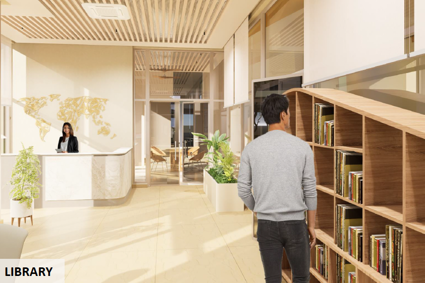 Library interior with floor-to-ceiling bookshelves at Forbes Fab Luxe