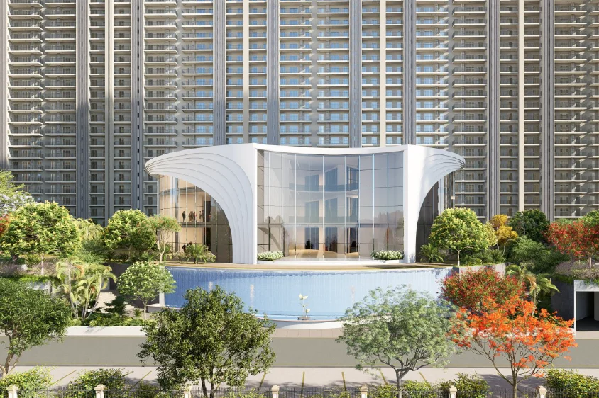 Lifestyle clubhouse exterior with pool and sculptural canopy