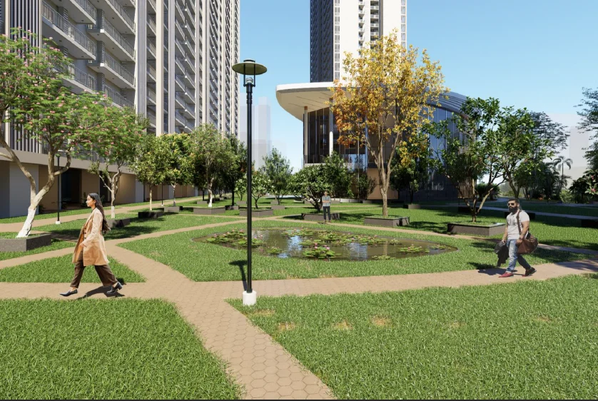 Landscaped garden pathway with lampposts and manicured grounds