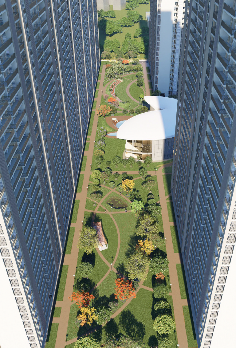 Aerial view of Forbes Fab Luxe Residences showing central landscaped corridor between towers