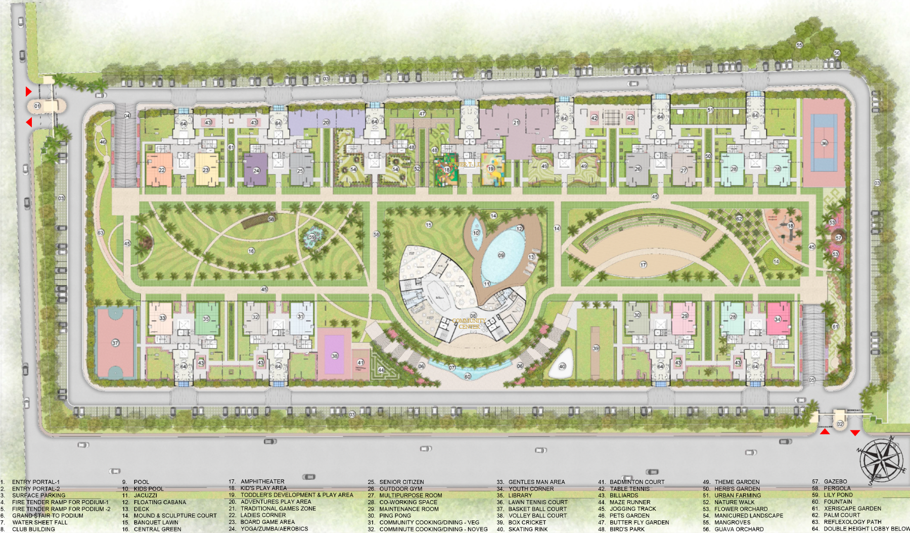 Forbes Fab Luxe Residences master plan showing 11 towers with 50+ numbered amenity legend