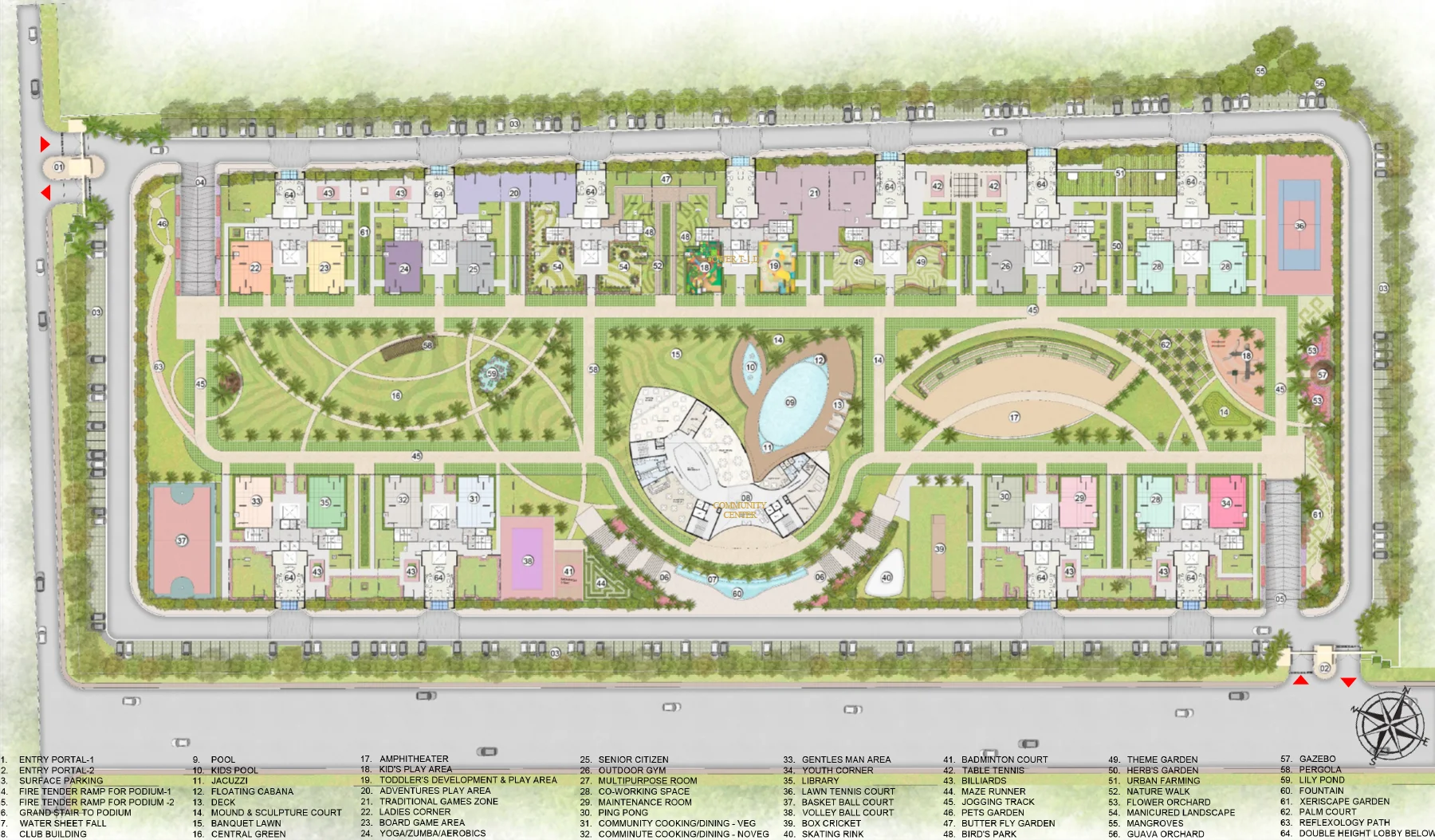 Forbes Fab Luxe Residences master plan showing 11 towers with 50+ numbered amenity legend