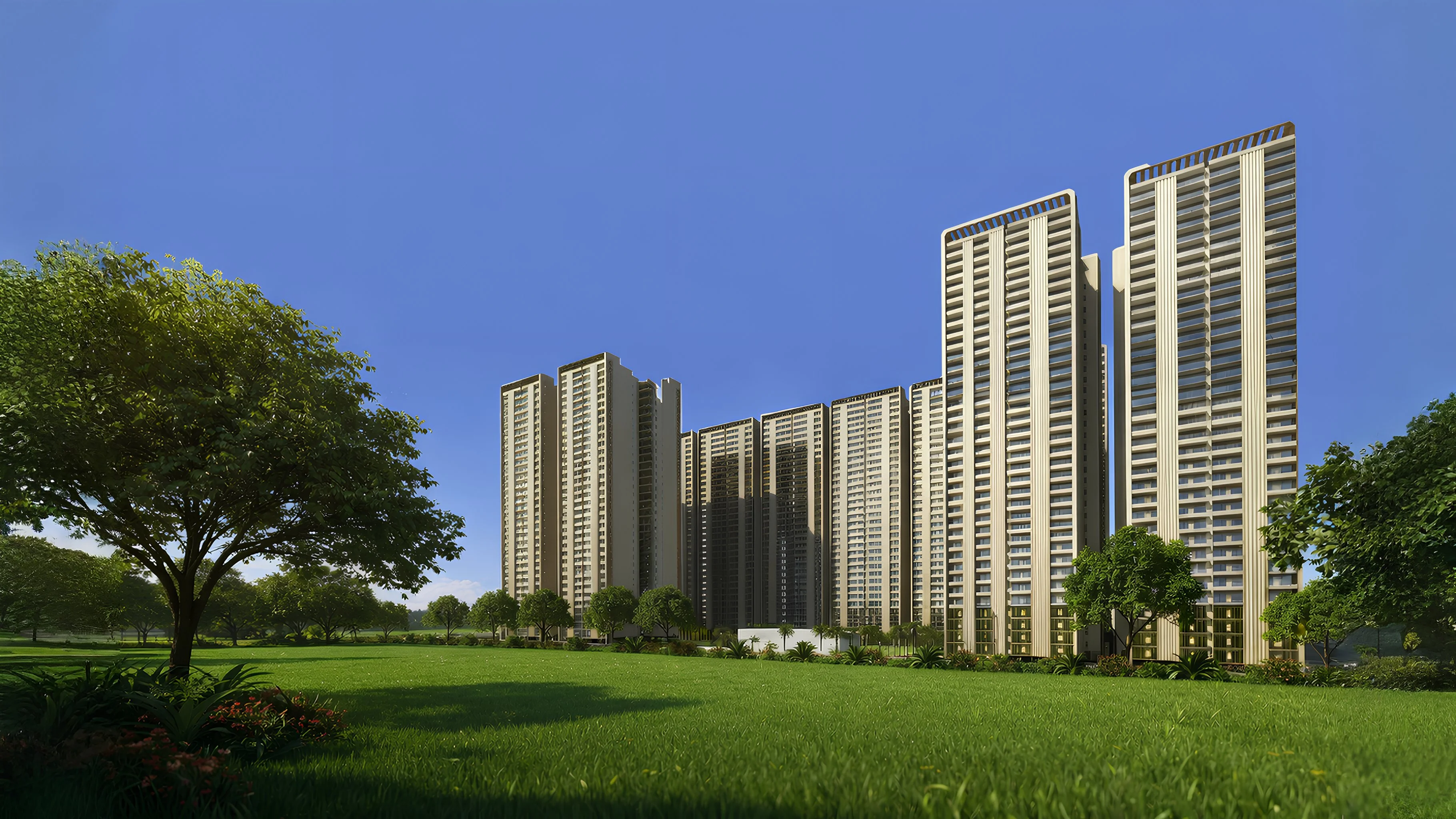 Forbes Fab Luxe towers from green field in bright daylight